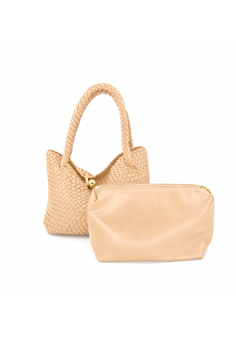 Beige woven handbag and pouch on a white background