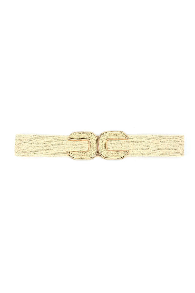 Beige raffia belt with a large buckle on a white background