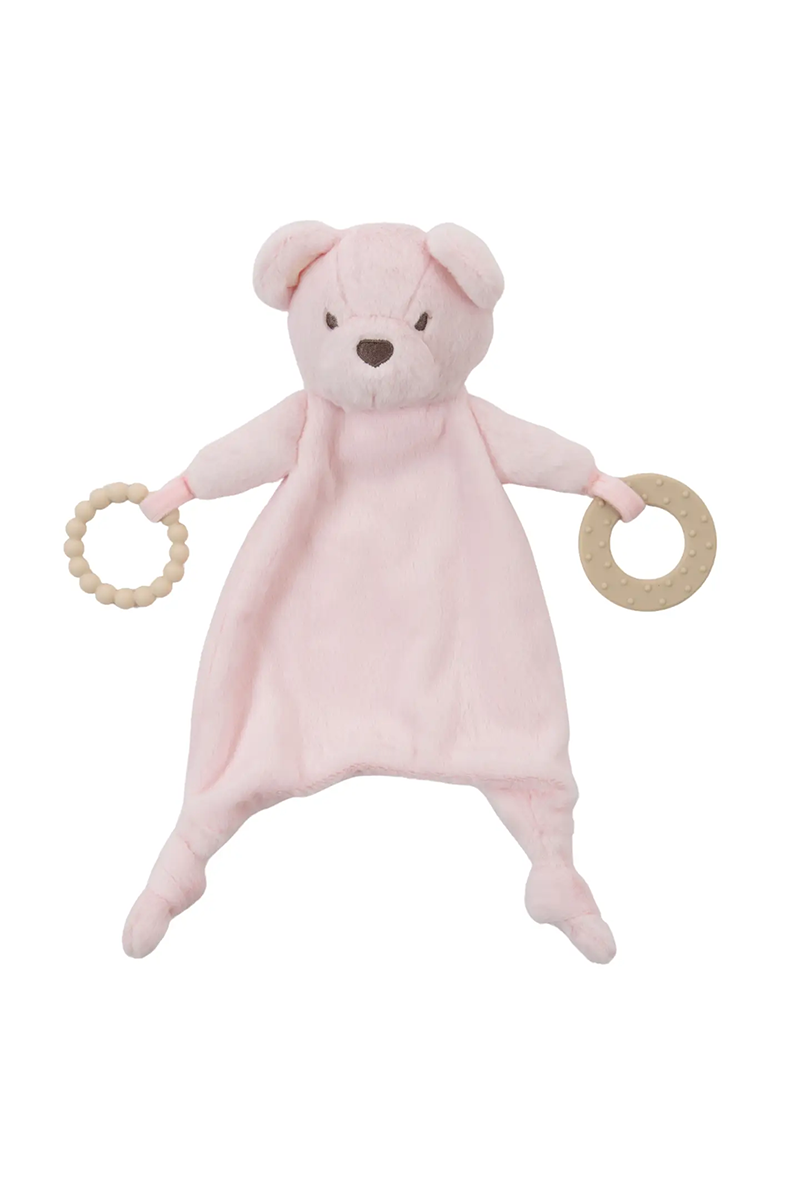 Pink teddy bear baby comfort blanket with wooden ring teethers on a white background