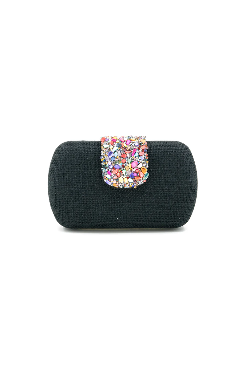 Black clutch with a colorful gemstone clasp on a white background