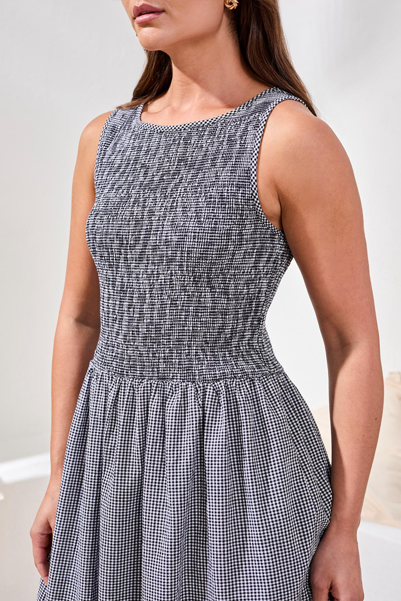 Black Gingham Smocked Midi Dress