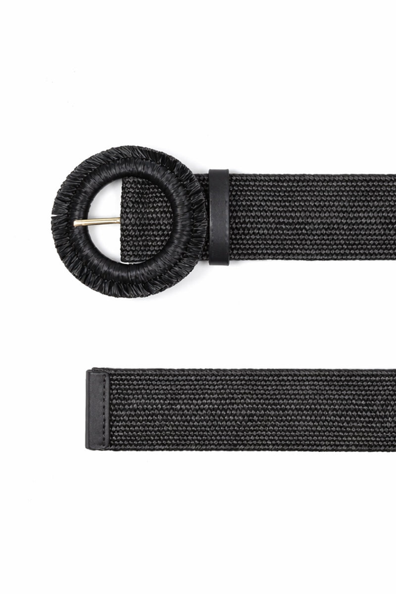 Black belt with a round buckle on a white background