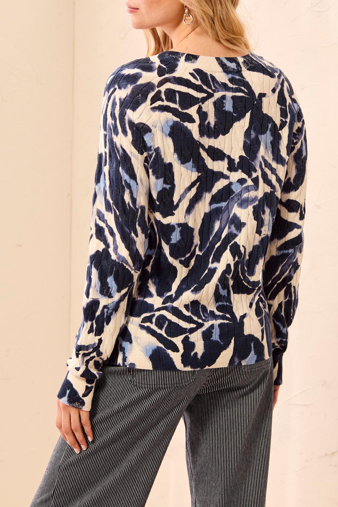 Blue Fog Cotton Crew Neck Cable Sweater