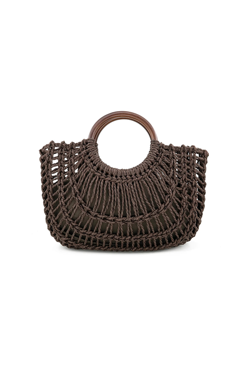 Brown straw handbag with wooden handle on a white background