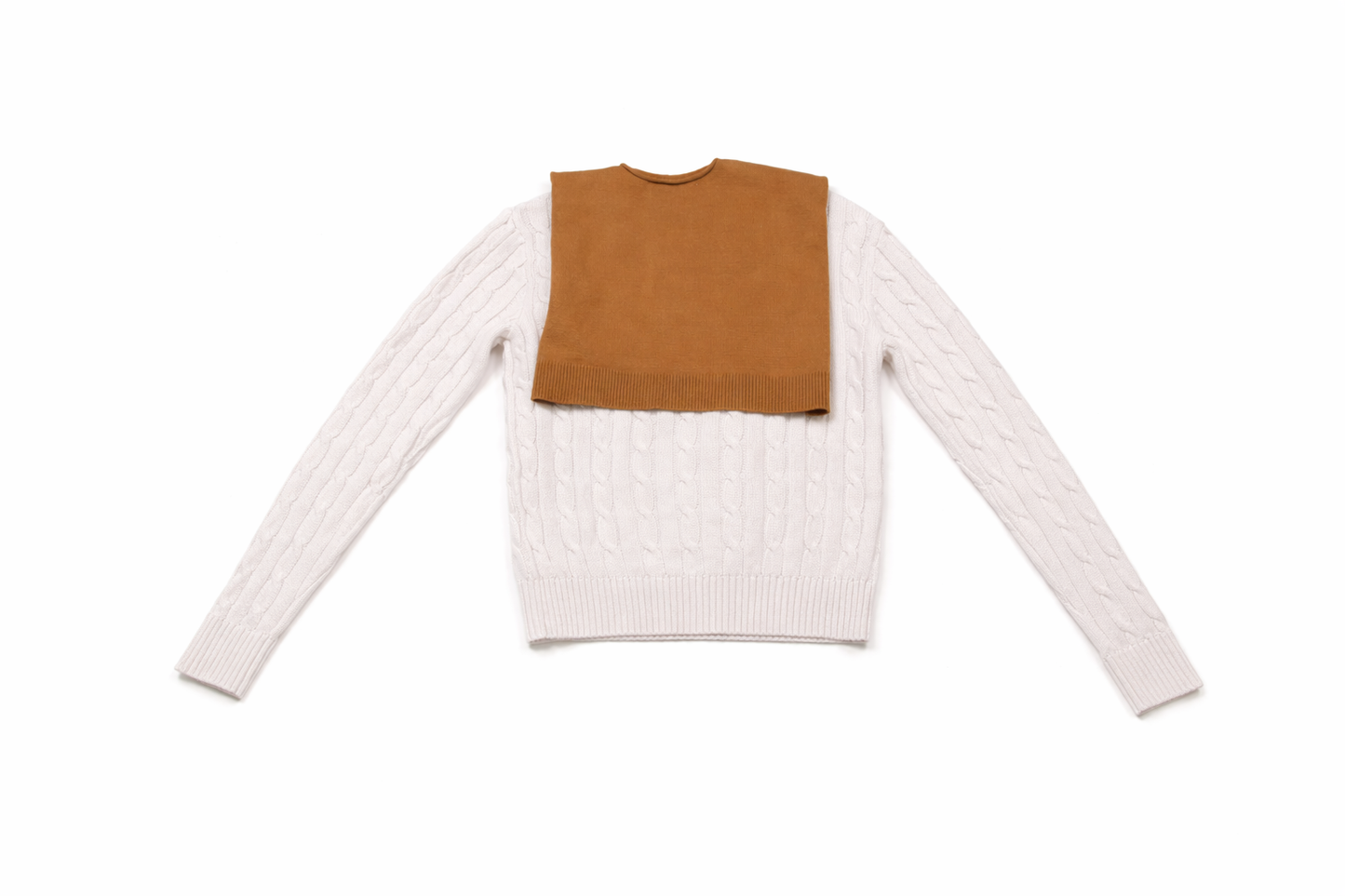 White sweater with a brown shawl wrap over a white background