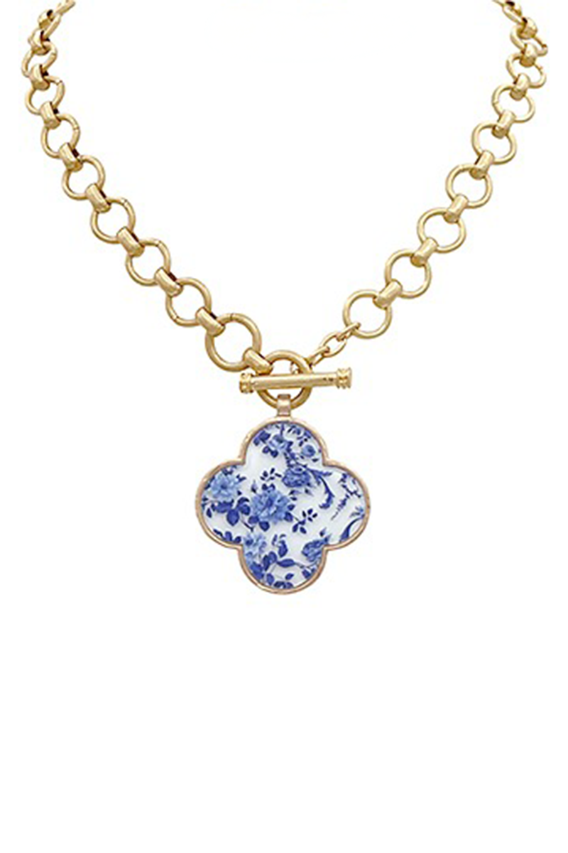 Necklace with a blue floral pendant on a white background