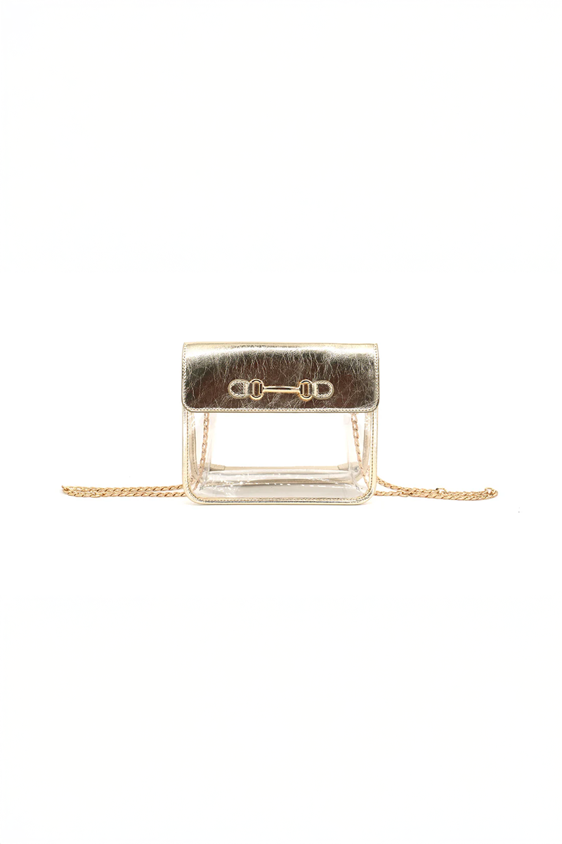 Clear handbag with a gold chain and flap