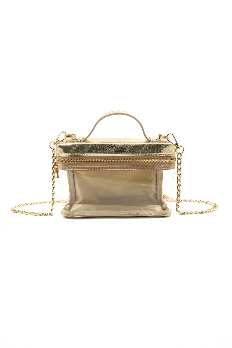 Gold handbag with chain detail on a white background