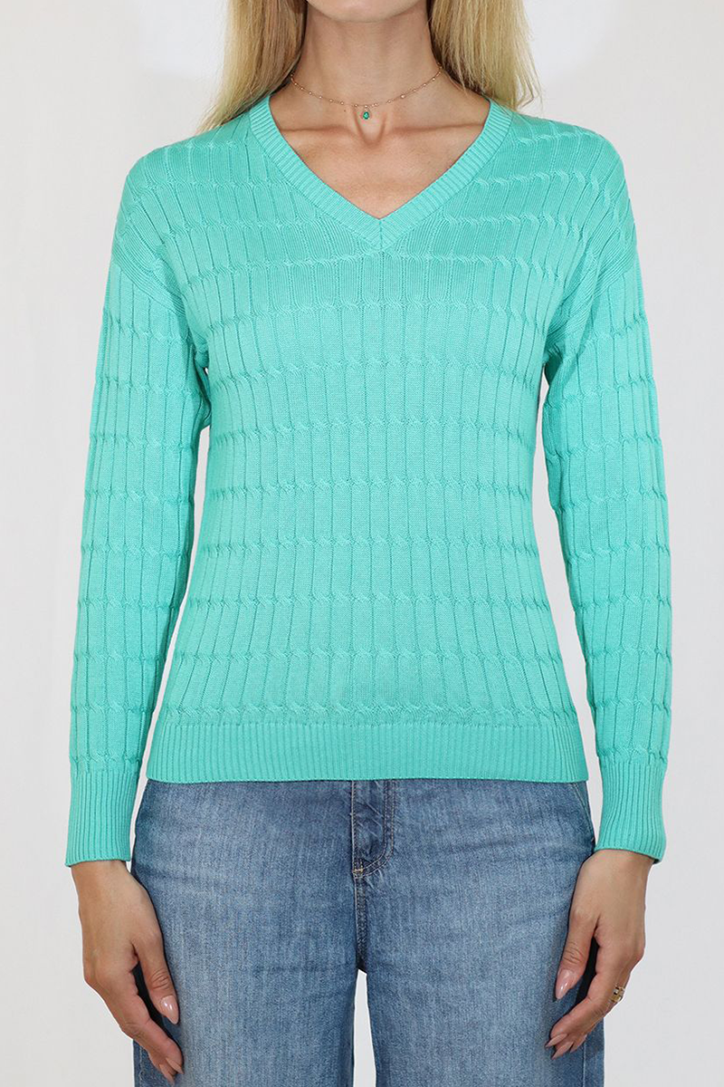 Person wearing a teal ribbed sweater and blue jeans on a white background