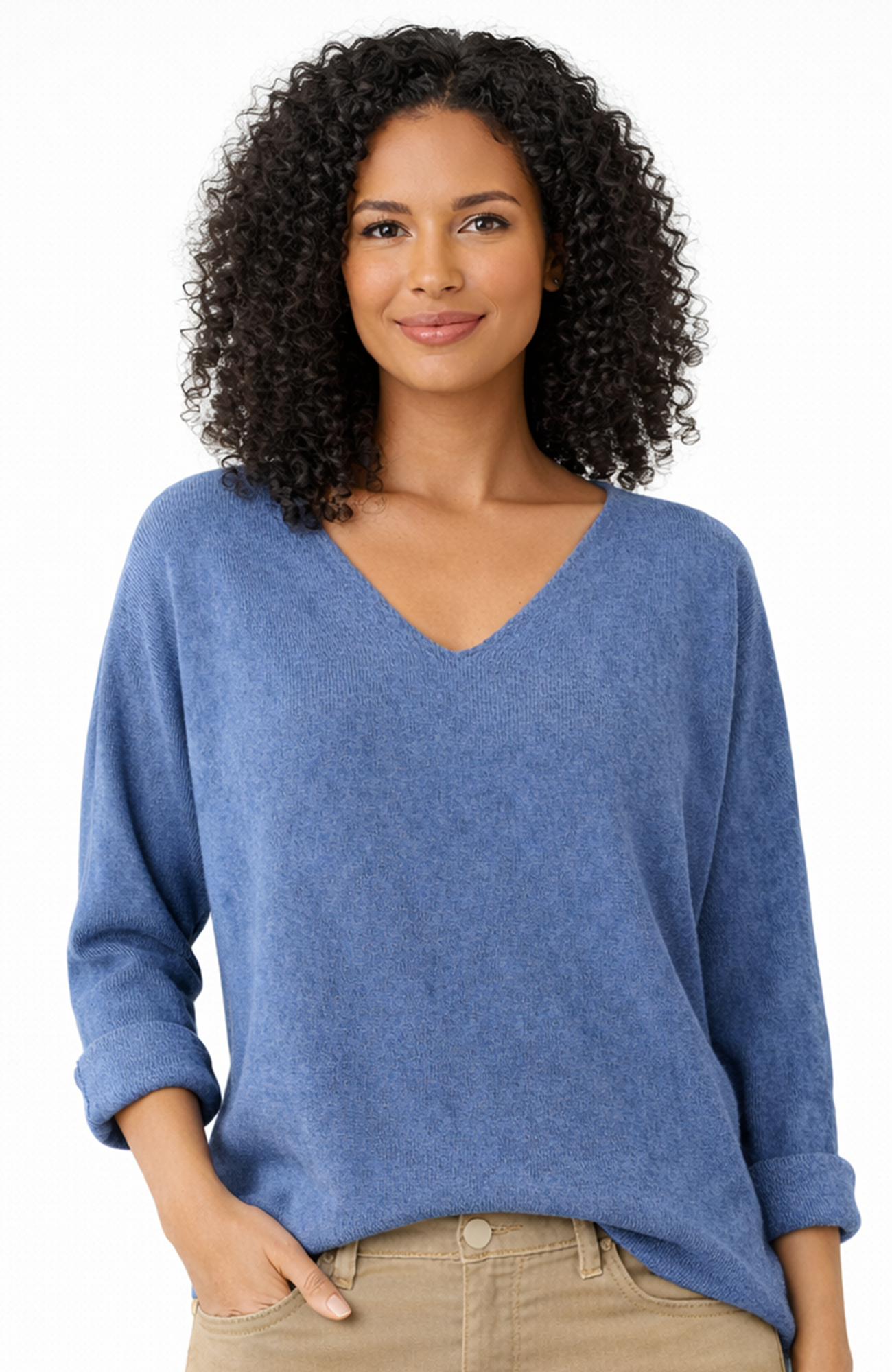 Woman wearing a blue sweater on a white background