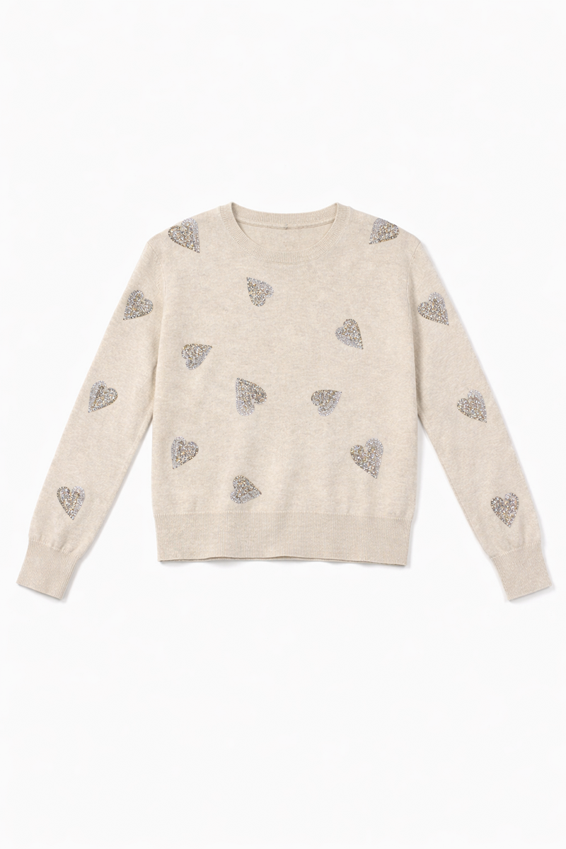 Embellished Heart Beige Sweater