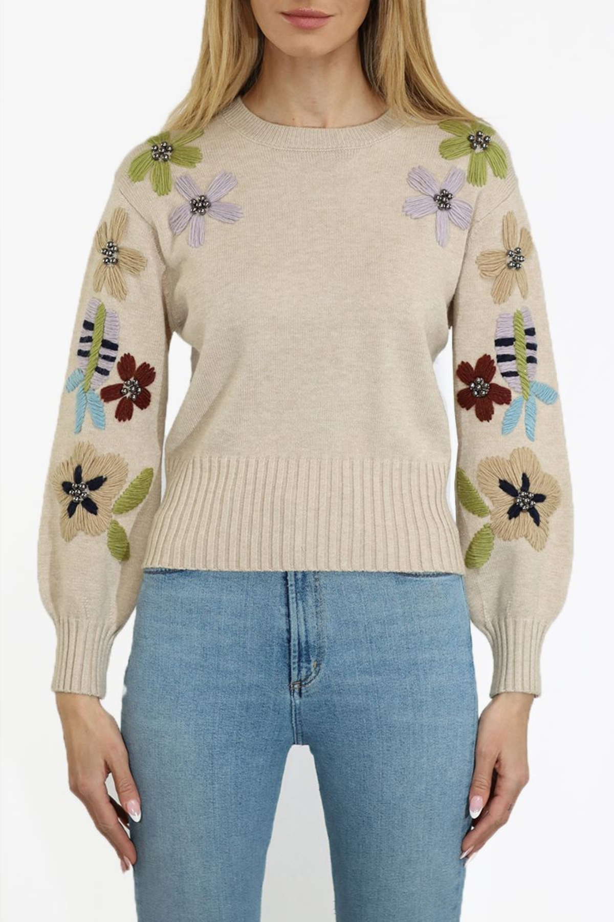 Embroidered Floral Oatmeal Puff Sleeve Sweater