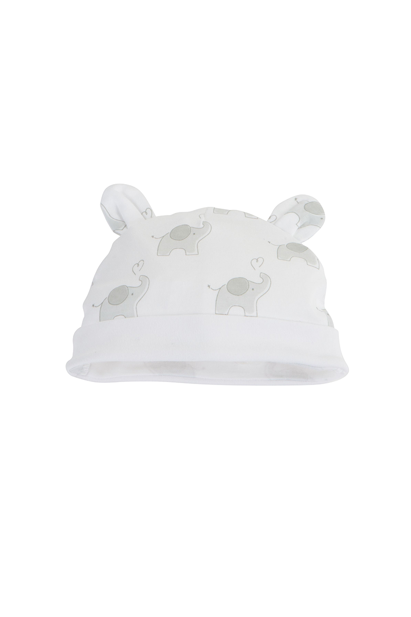 White baby hat with elephant designs on a white background