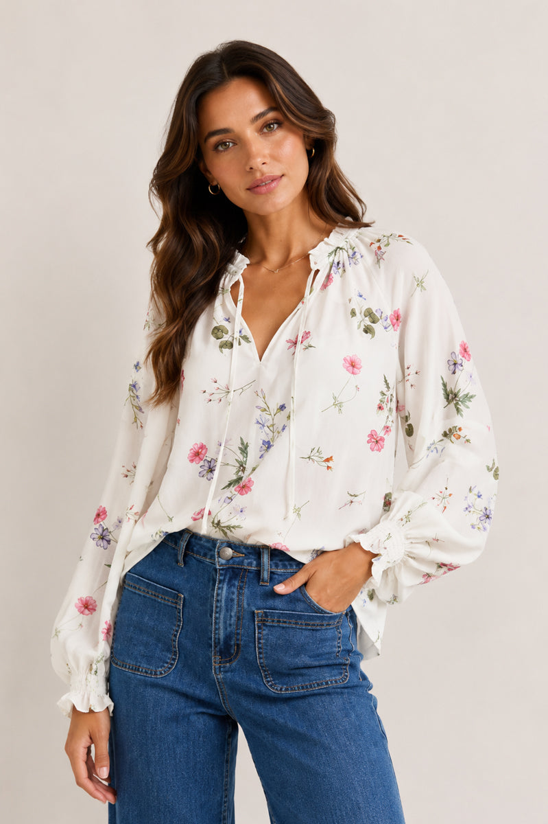 Floral Print Ruffled V-Tie Neck Blouse