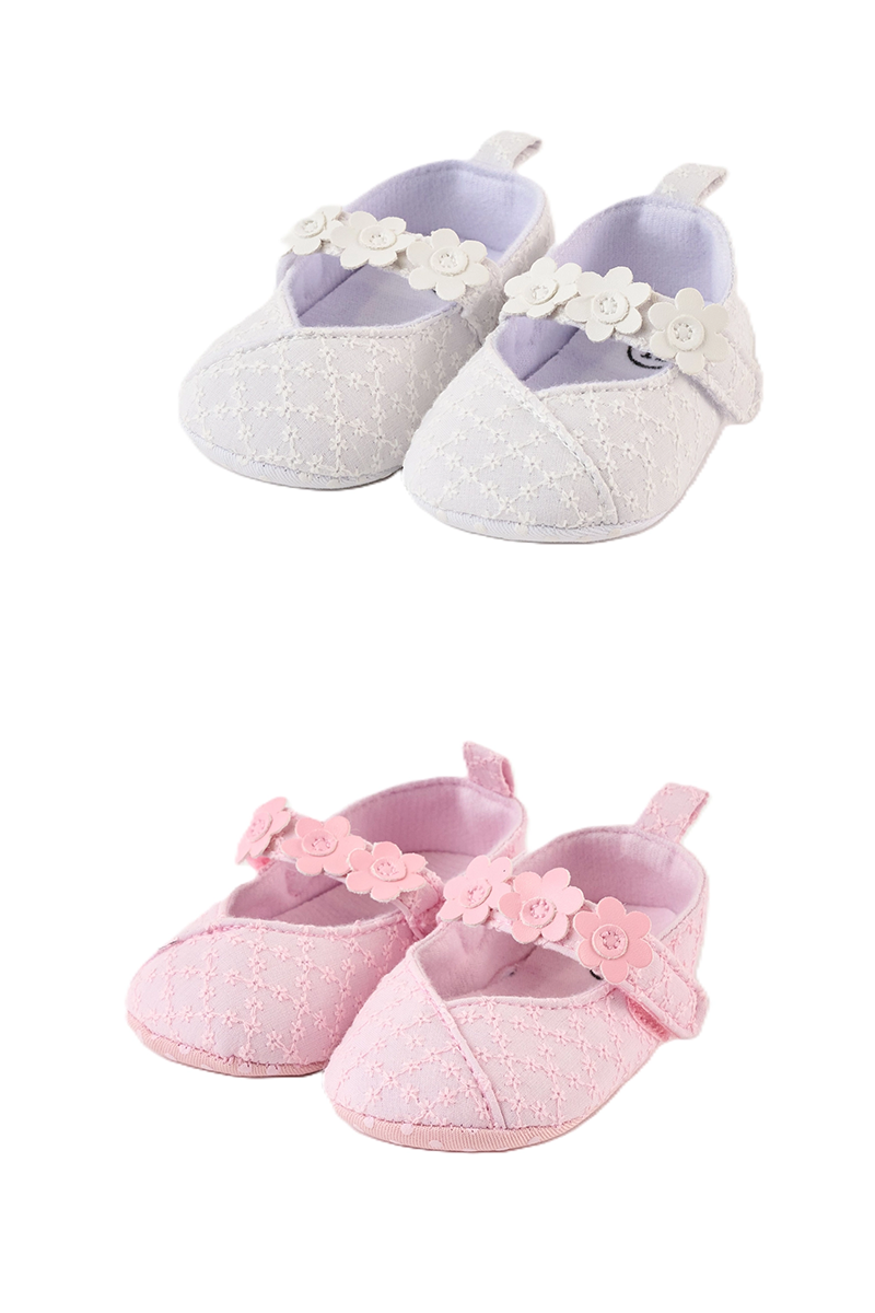 Pair of baby girl shoes with floral details on a white background