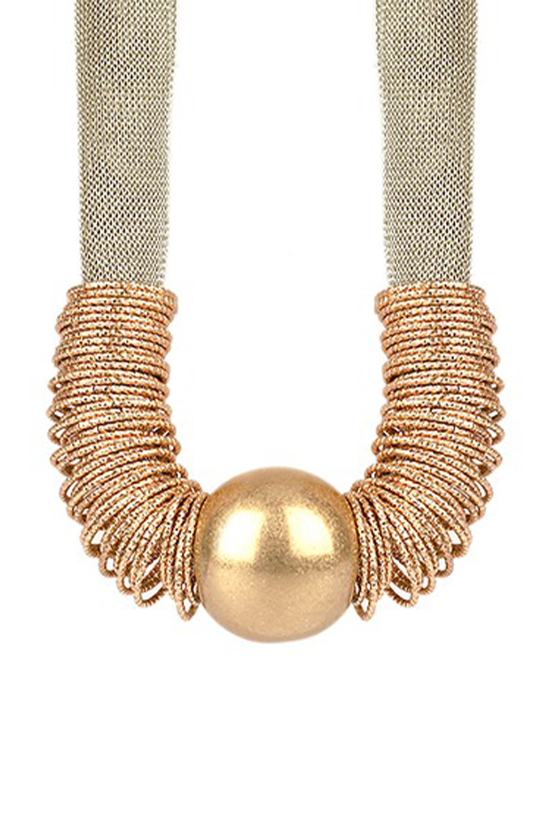 Necklace with gold spherical pendant and textured beige band on a white background