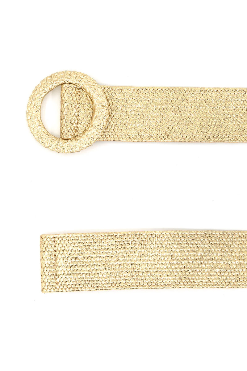 Gold belt with a round buckle on a white background