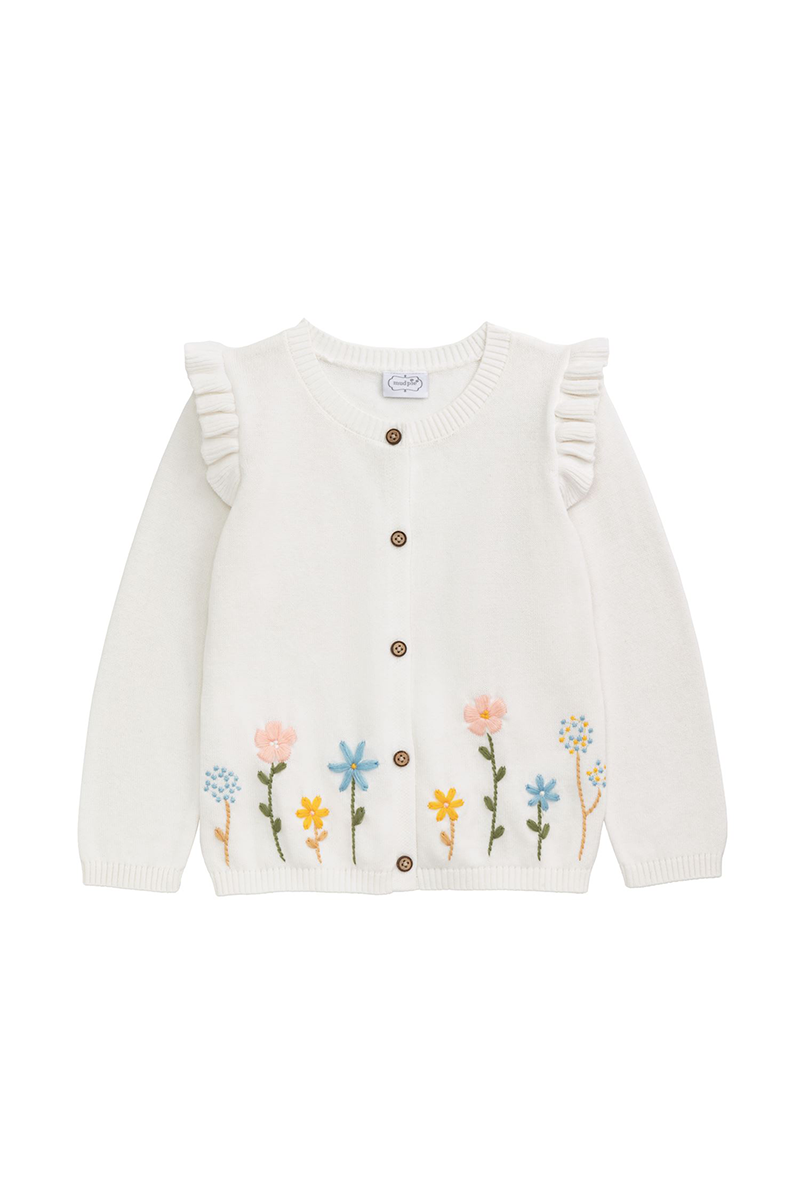 White cardigan with floral embroidery on a white background