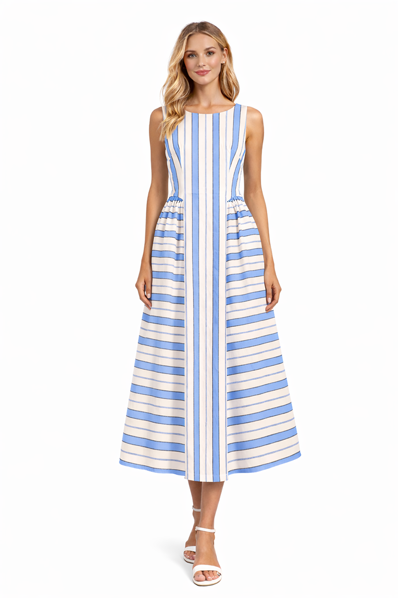 Woman wearing a blue and white striped dress on a white background