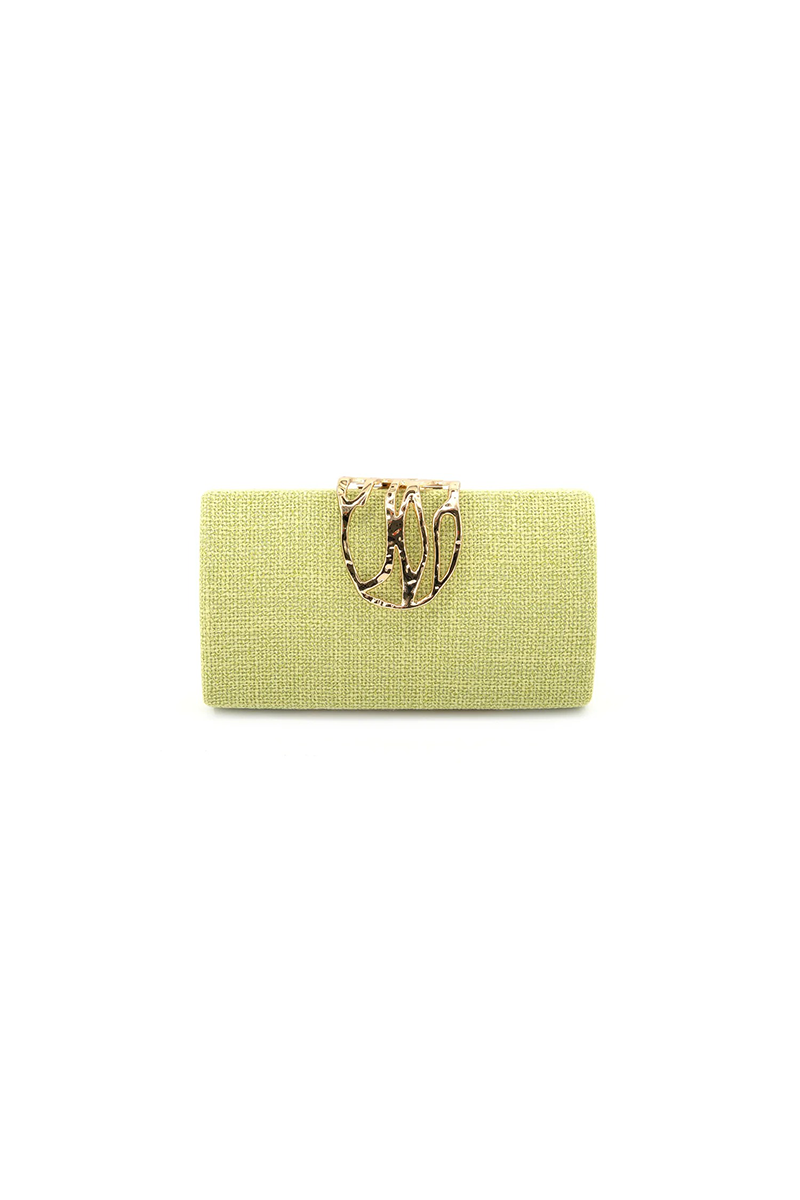Green clutch bag with gold clasp on a white background