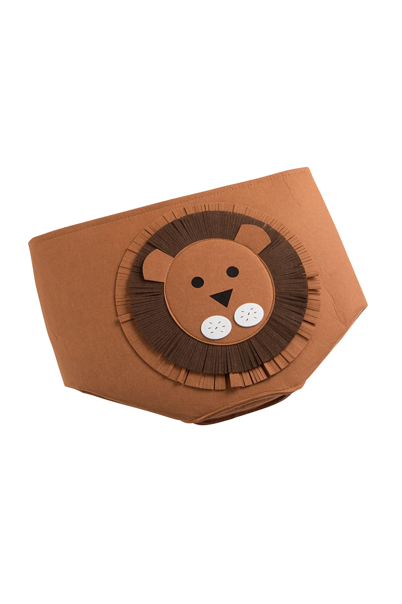 Brown bin with lion face design on a white background