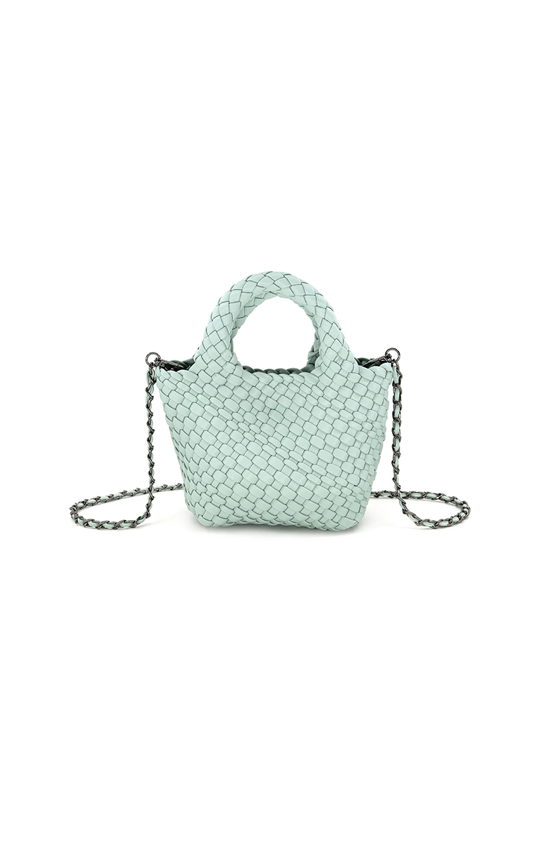 Mint green woven handbag with chain detachable strap on a white background