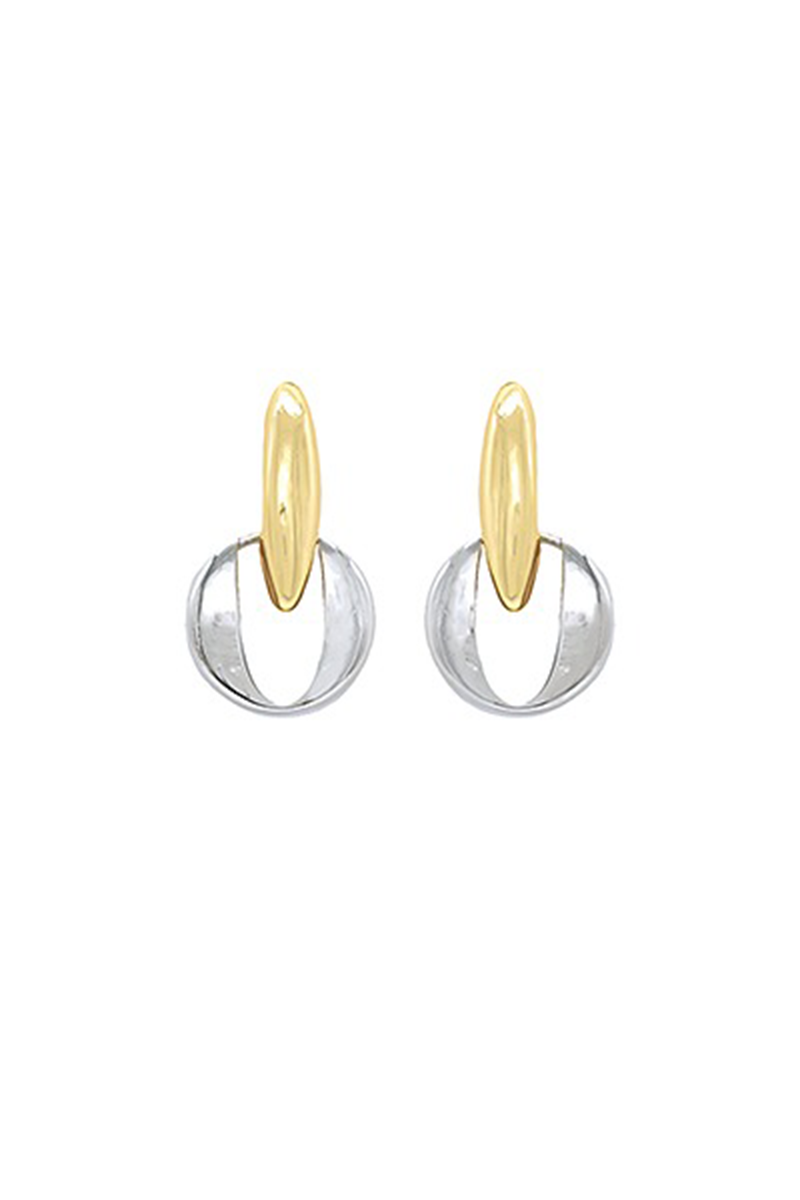 Pair of earrings with gold and silver design on a white background