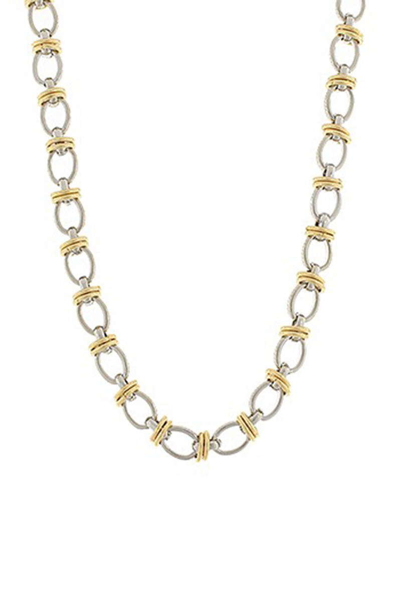 Two-tone silver and gold chain necklace on a white background