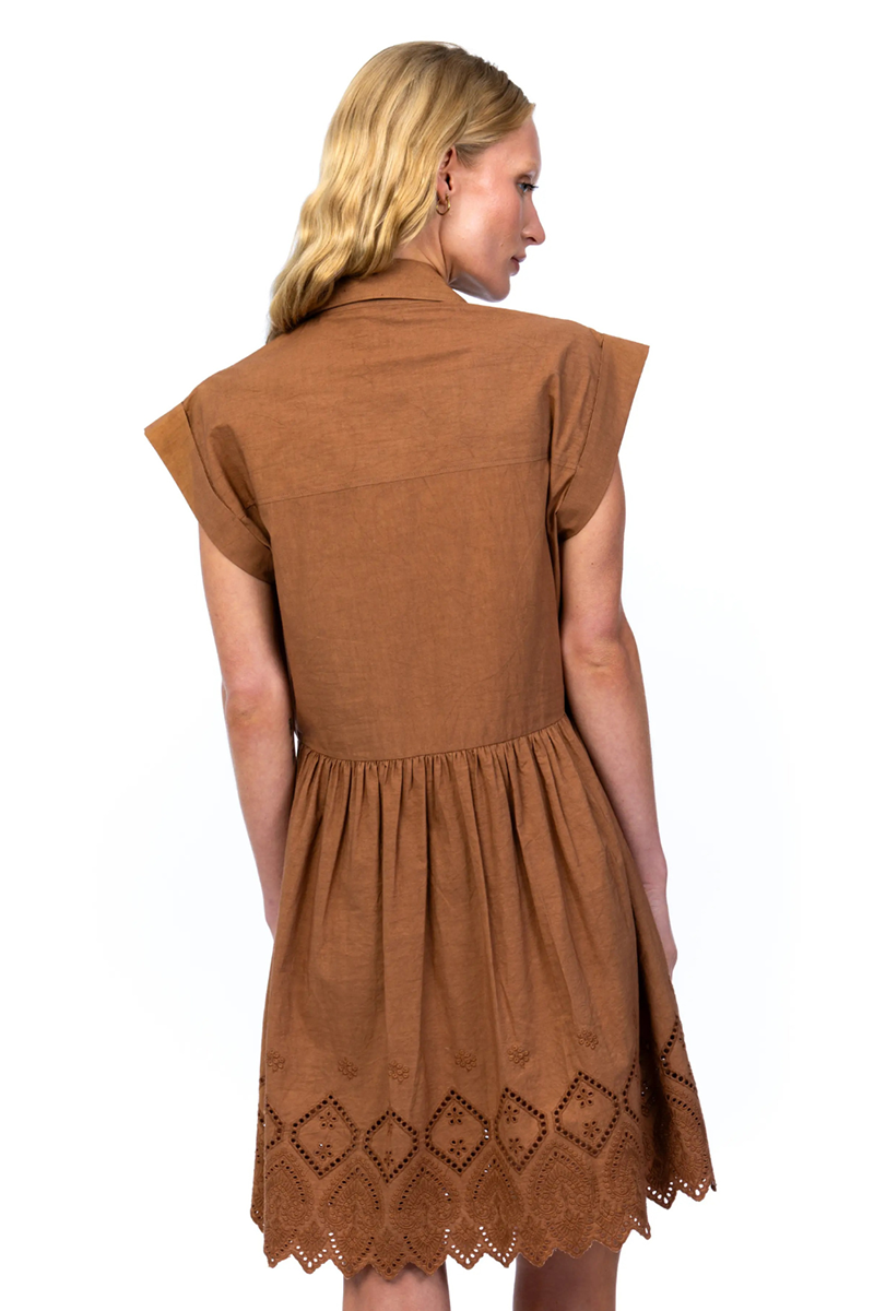 Brown dress with lace details on a white background