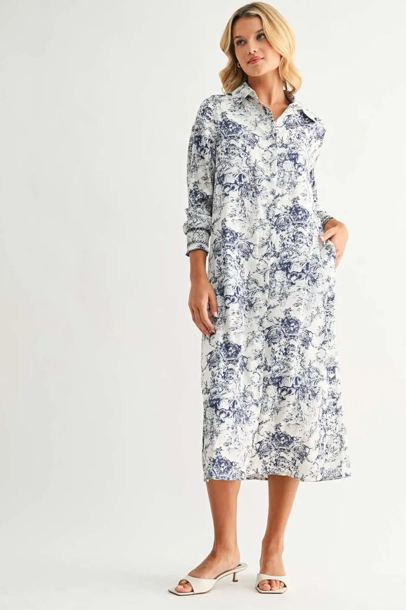 Navy Floral Collared Midi Dress