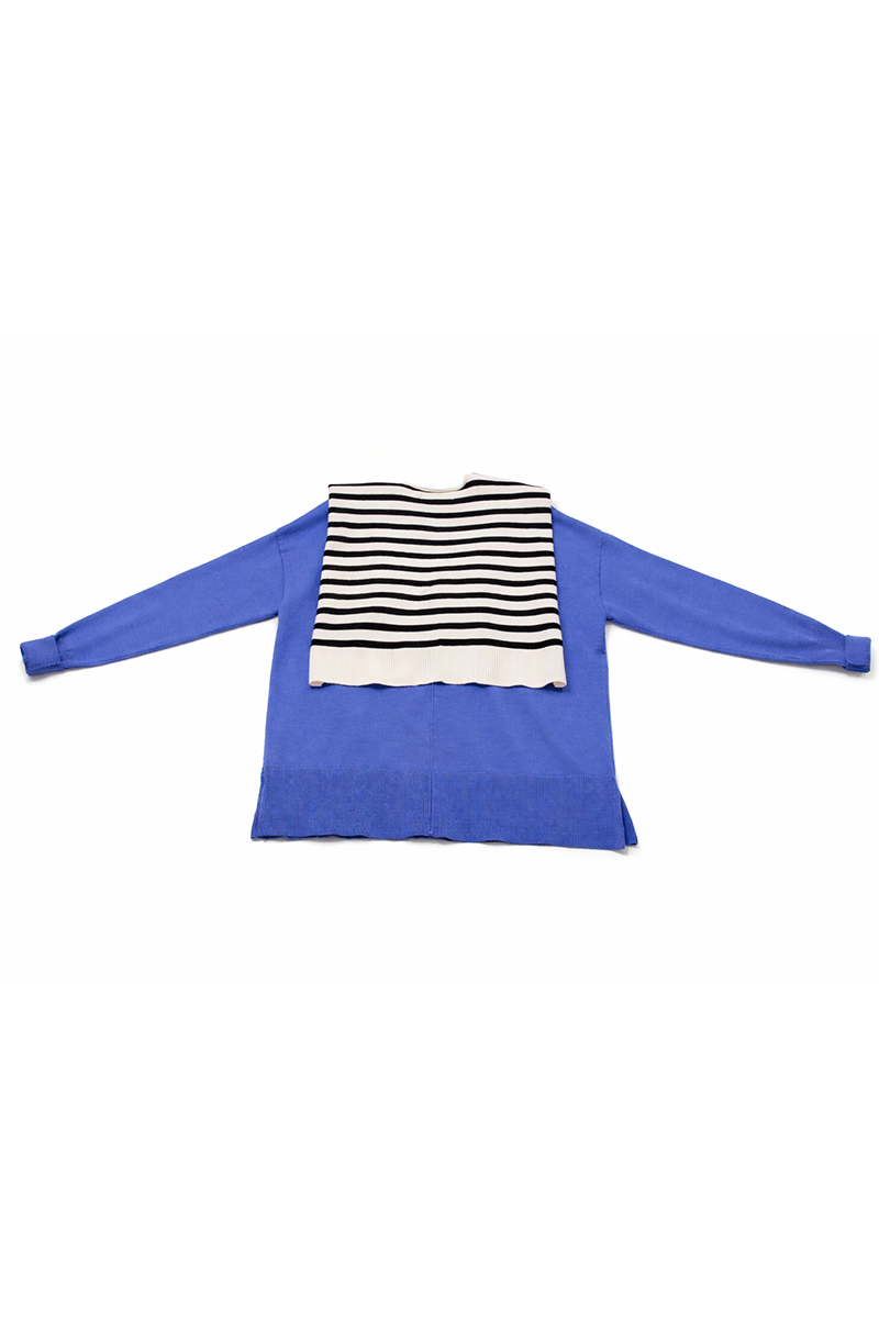 Blue sweater with a navy and white striped pattern shawl wrap on a white background