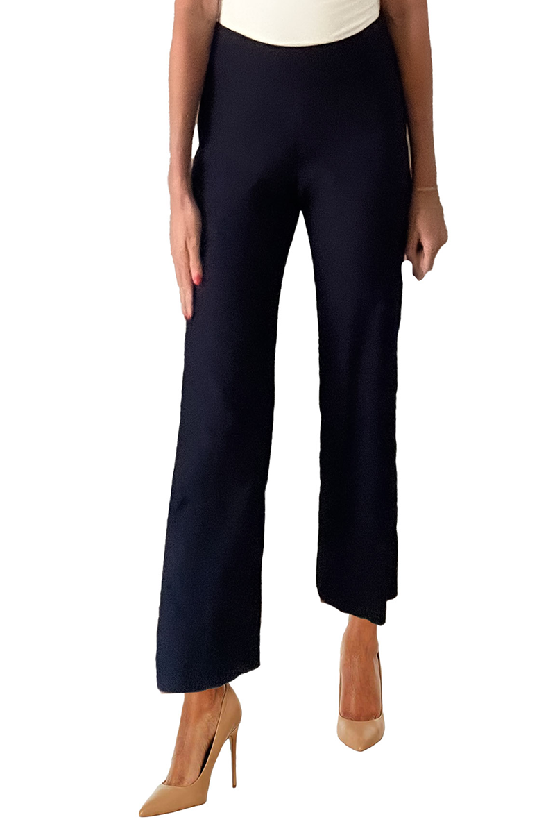 Navy blue pants worn by a person on a white background