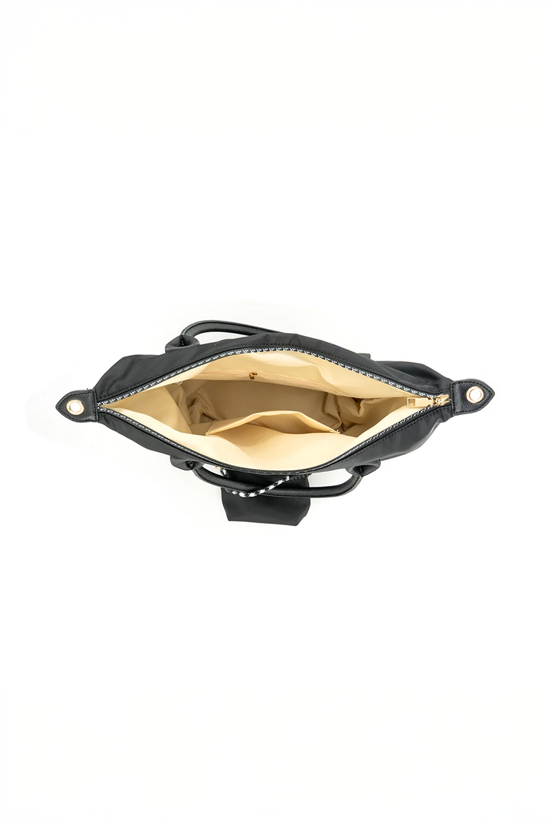 Open black bag on a white background