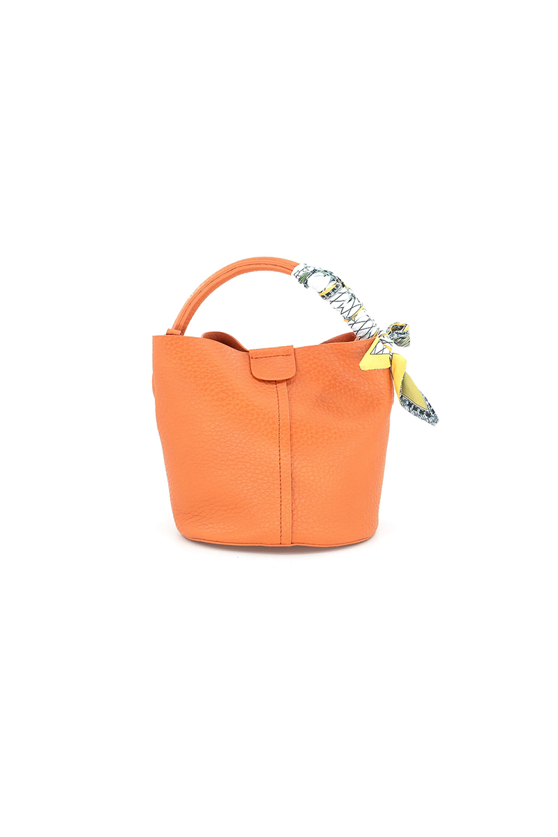 Orange handbag with a unique scarf handle design on a white background