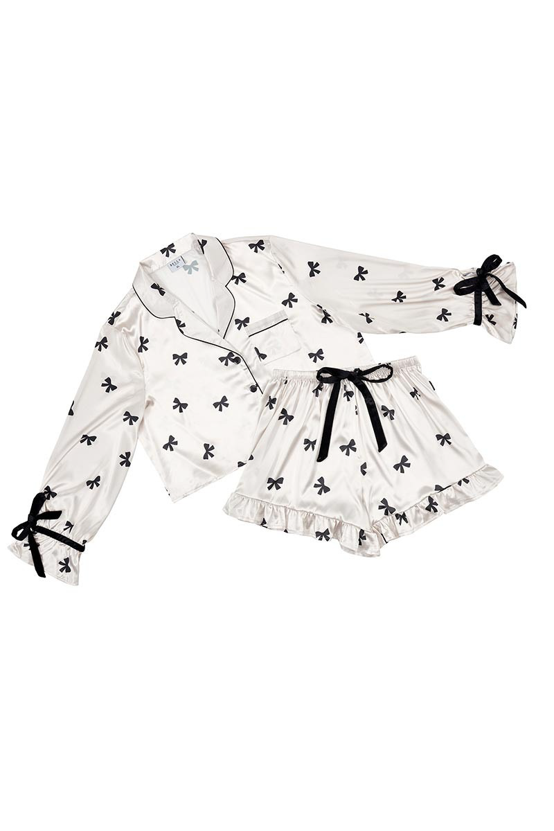 Ivory and Black Bows Cropped and Ruffled Shorts Pajama Set with Velvet Ties