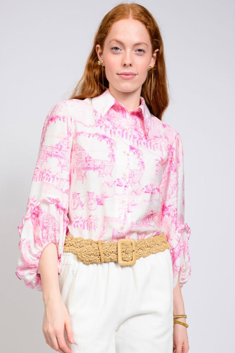 Paris Pink Toile Button-Front Blouse