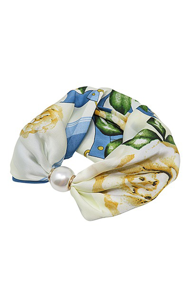 Silk floral scarf necklace with pearl magnet clasp on a white background