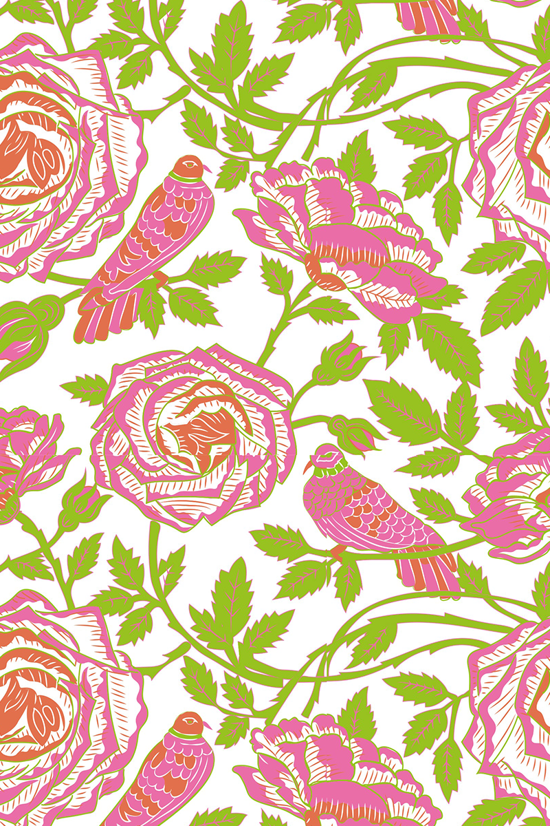 Pattern of pink flowers and green leaves on a white background
