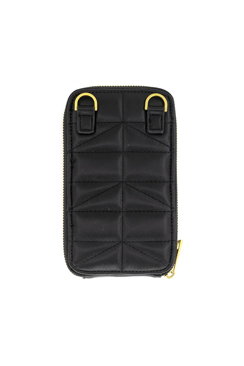 Back of a black quilted phone case with gold hoops for removable crossbody strap on a white background