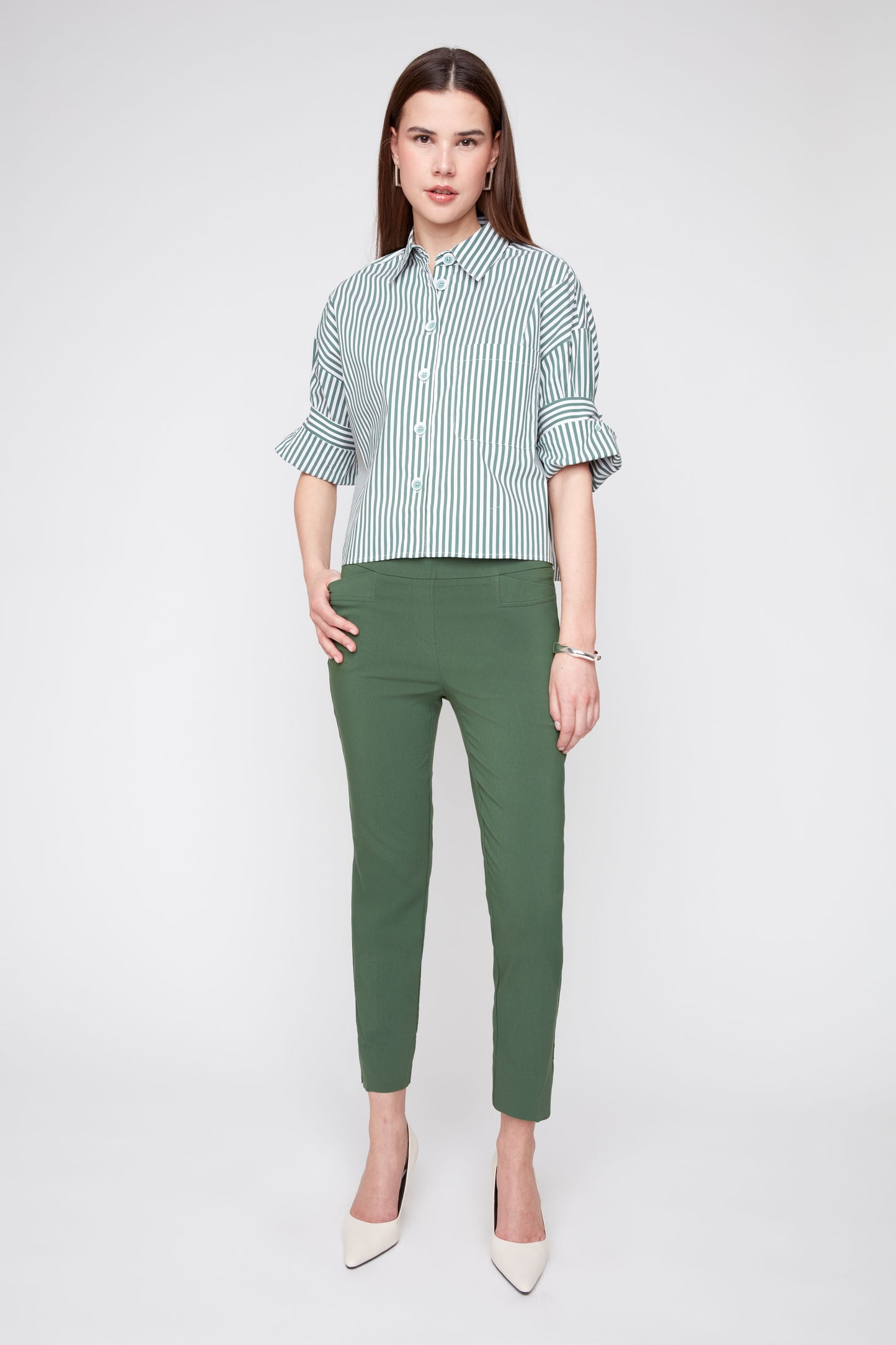 Olive Stripe Crop Shirt