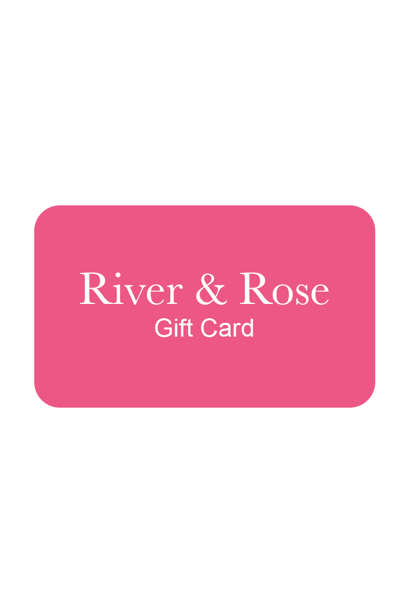 Pink gift card with 'River & Rose' text on a white background