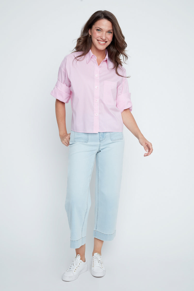 Rose Stripes Short Sleeve Collared Blouse