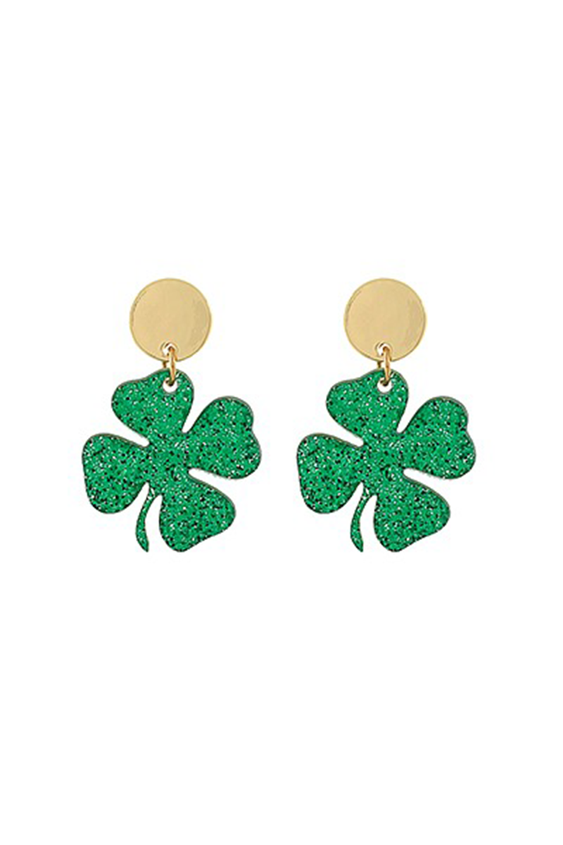 Green shamrock earrings with gold posts on a white background