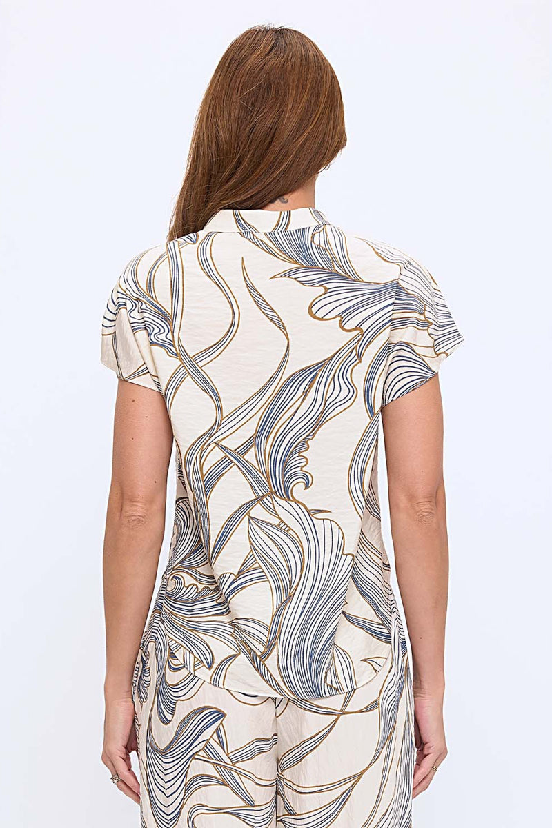Wave Woven Cap Sleeve Mandarin Top