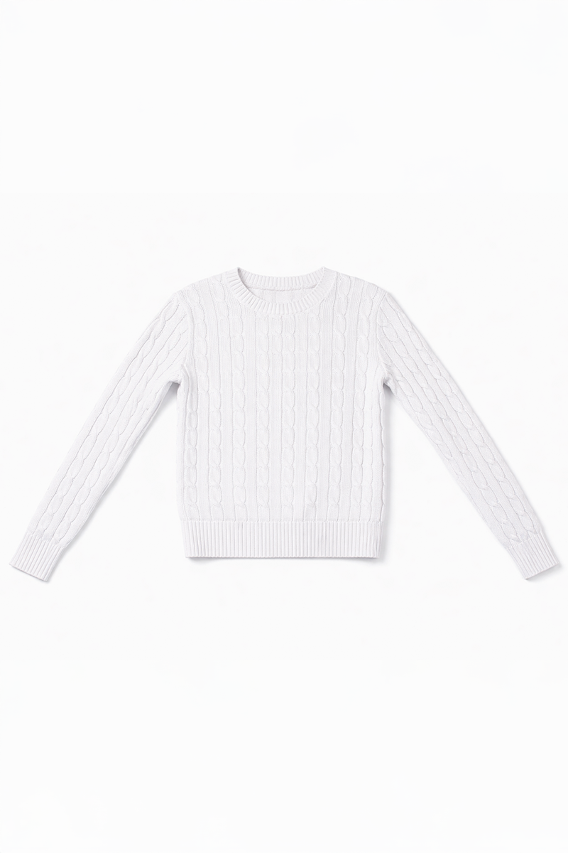White cable knit sweater on a white background