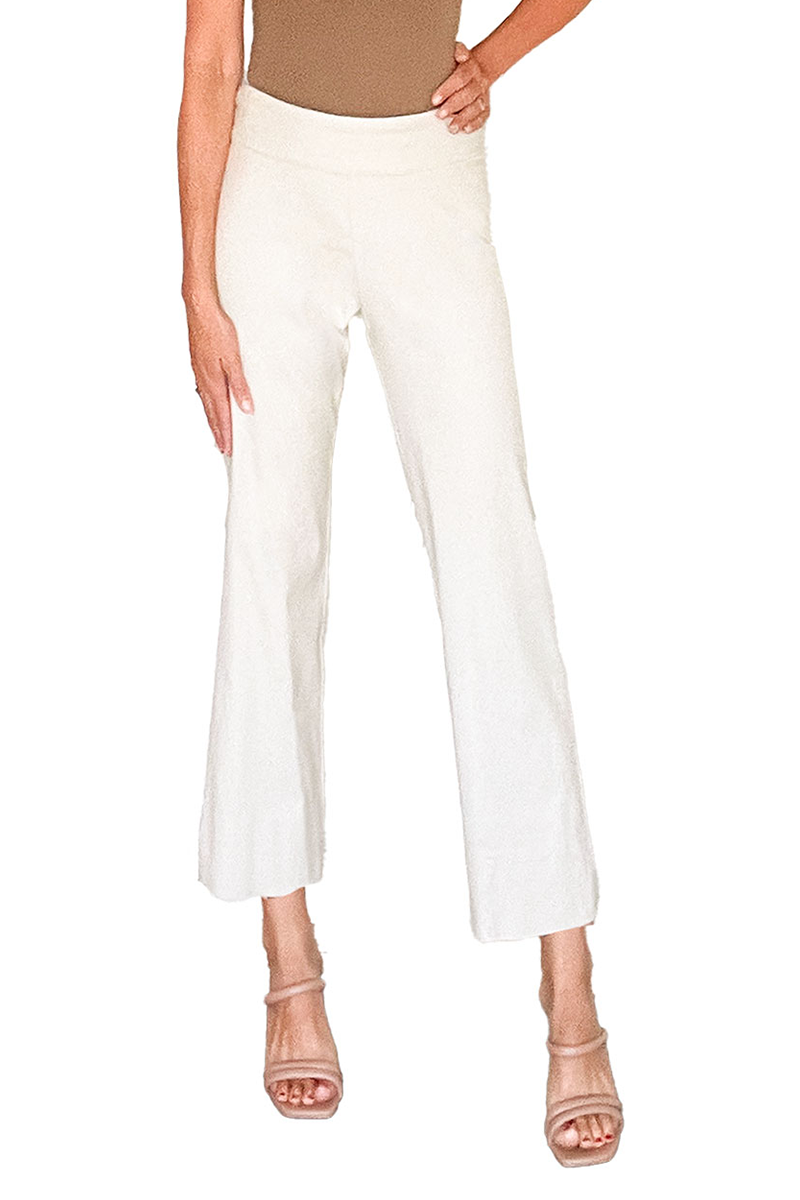 White pants worn by a person on a white background