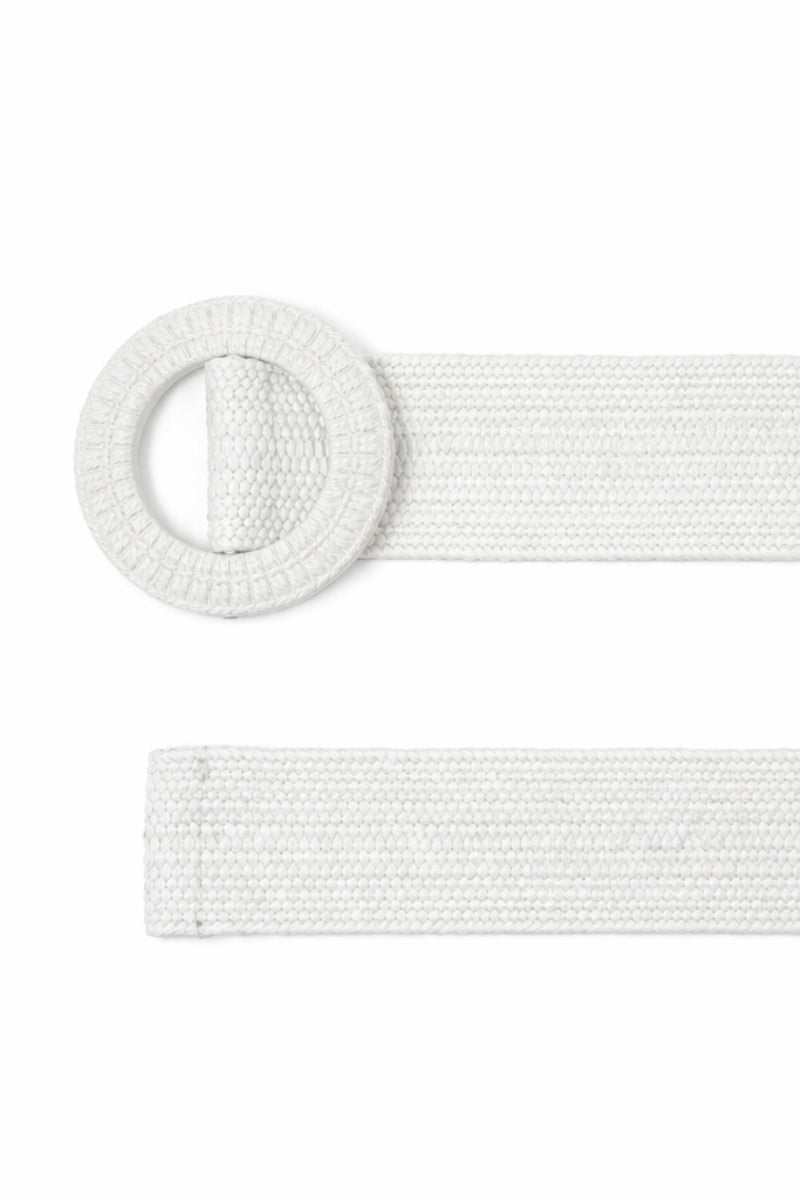 White woven belt with a circular buckle on a white background