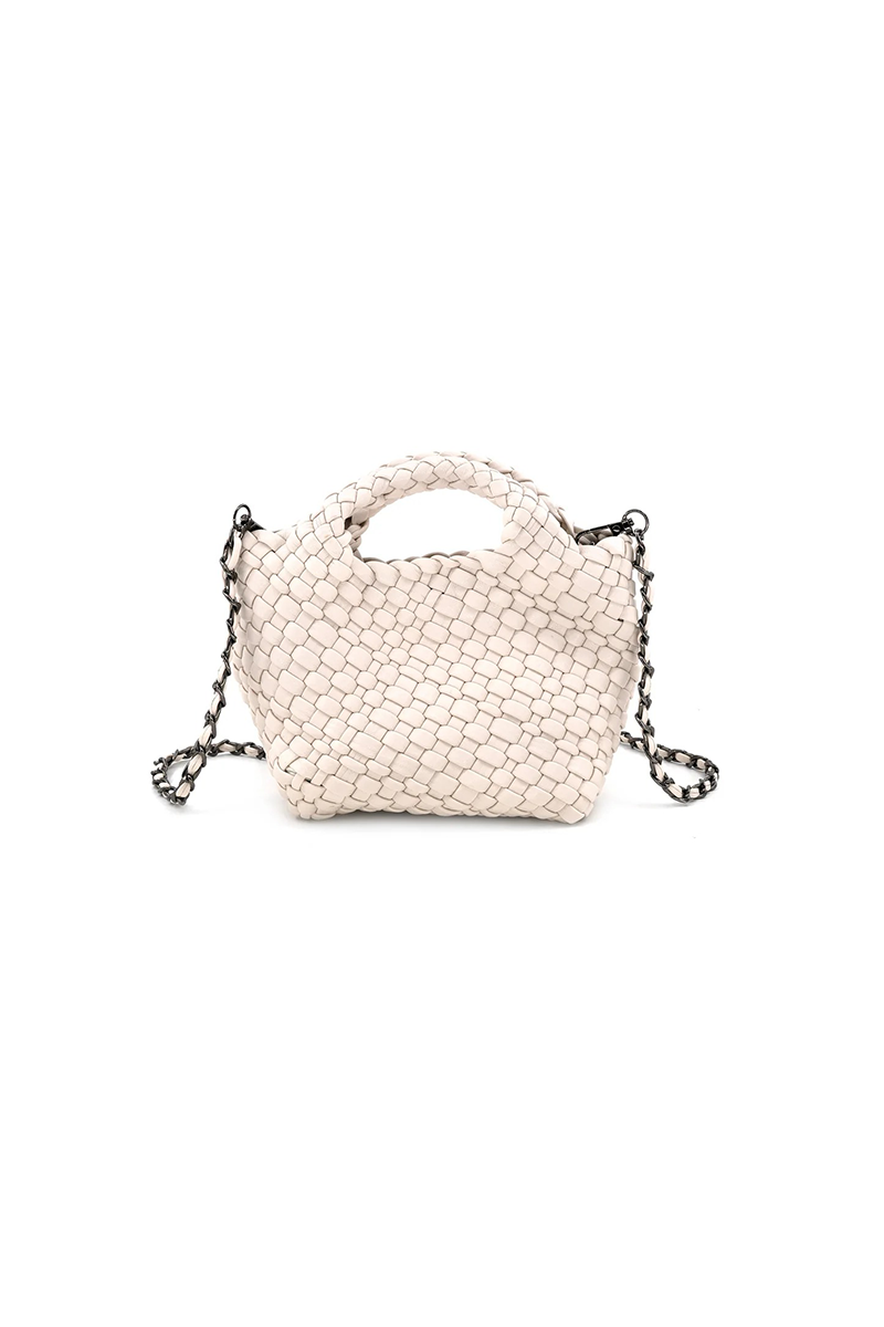 White woven handbag with chain strap on a white background