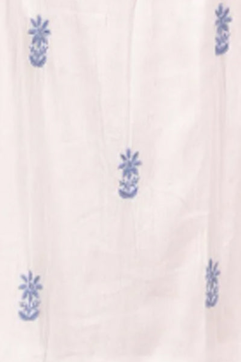 White fabric with blue floral patterns