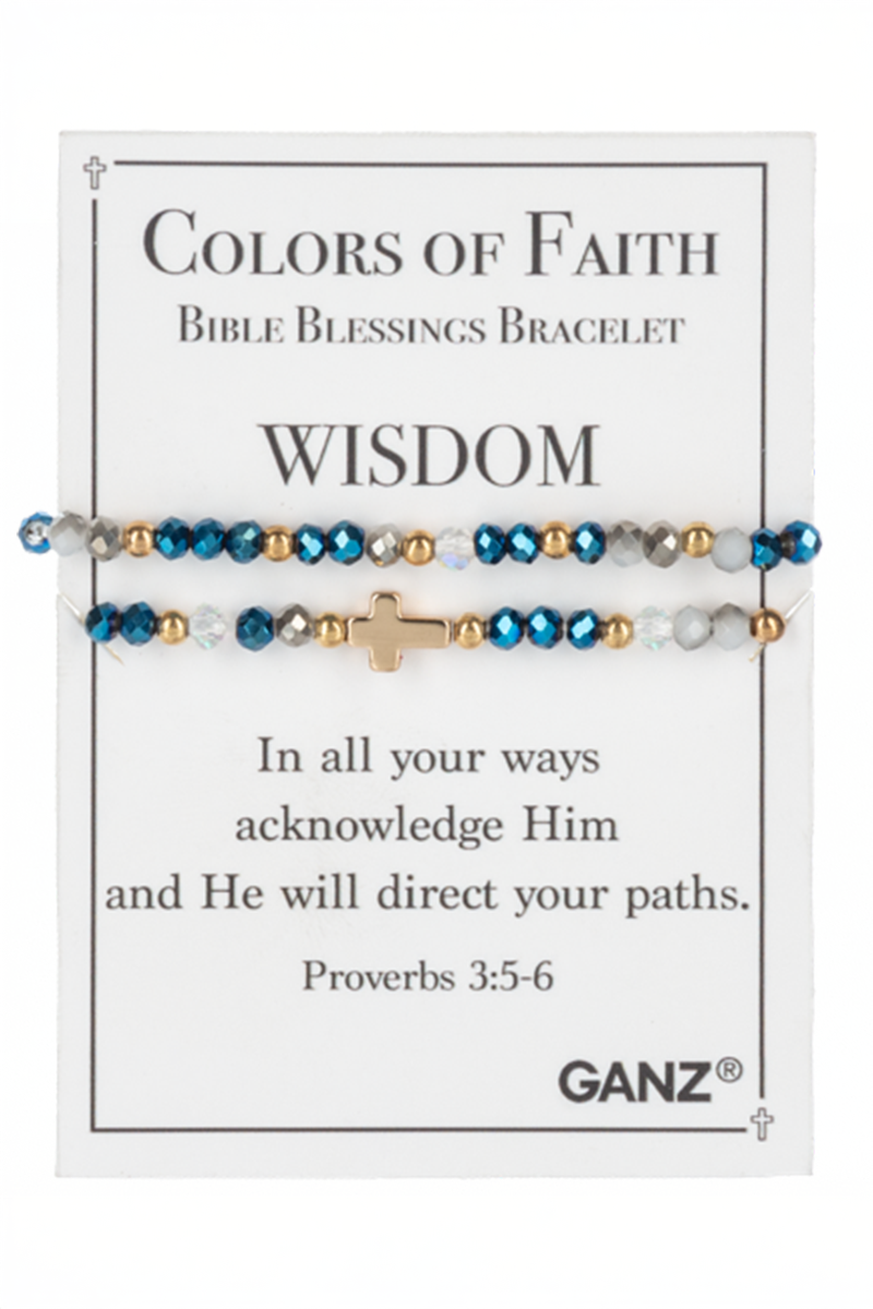 Bible blessings bracelet with colorful beads and gold cross on a 'Colors of Faith' card.